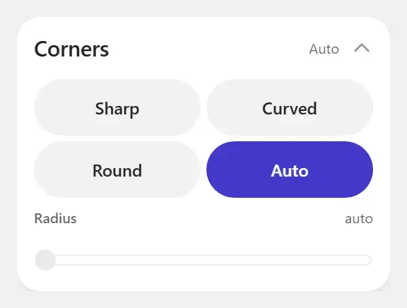 The Corners panel with Sharp, Curved, Round and Auto, and the radius slider set to auto