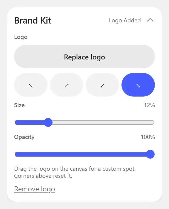 The Brand Kit panel with a logo added, four corner buttons, and size and opacity sliders