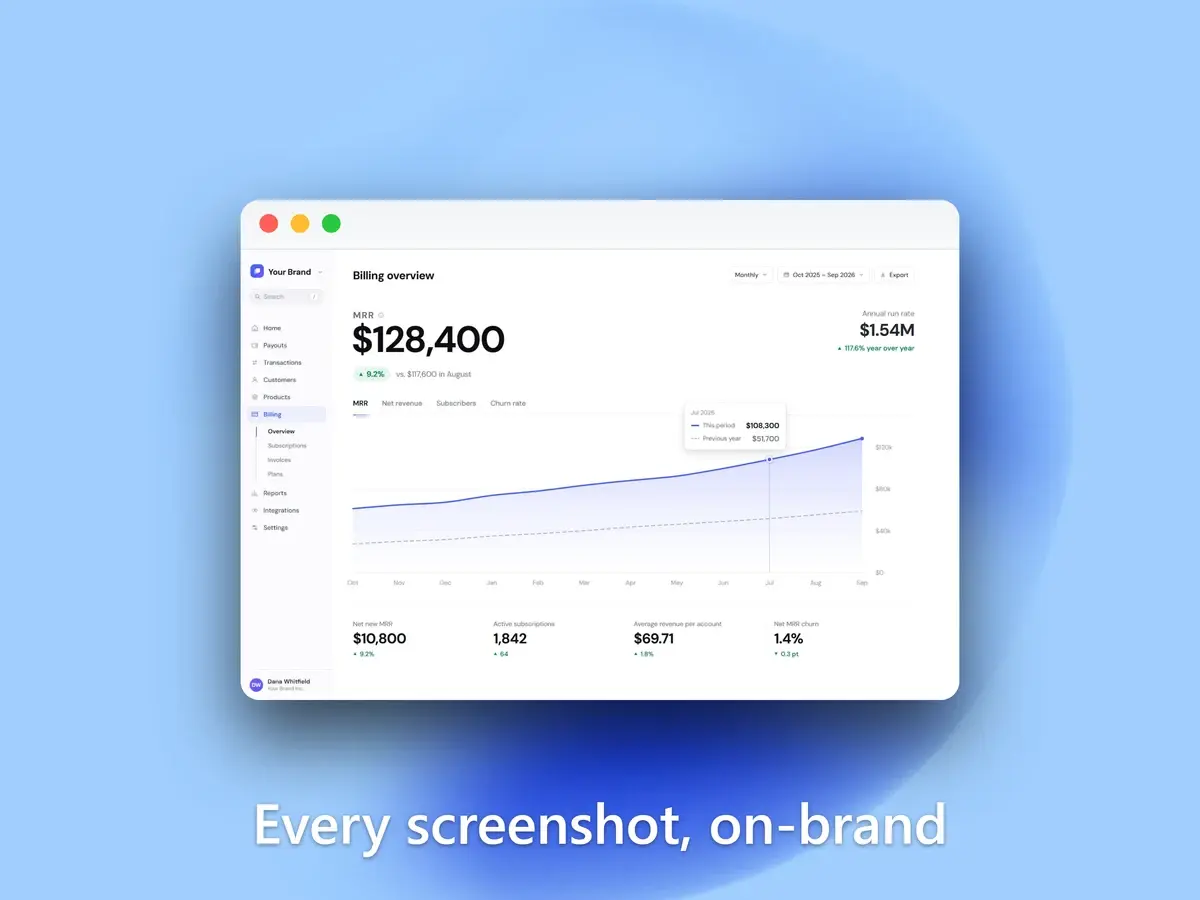 A styled screenshot on a light blue background with the caption “Every screenshot, on-brand”