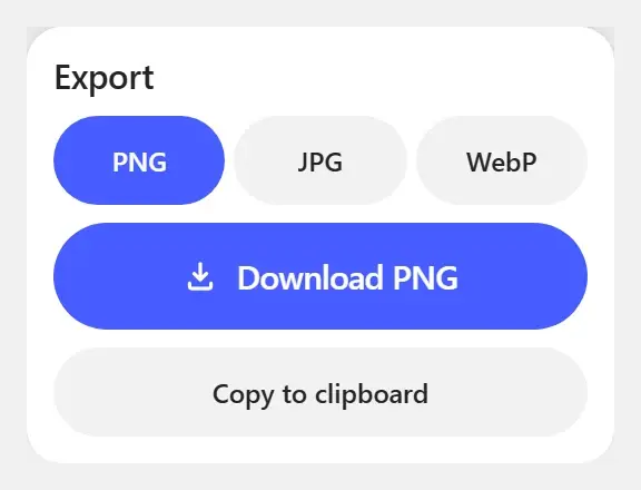 The Export panel with PNG selected, the Download PNG button and Copy to clipboard