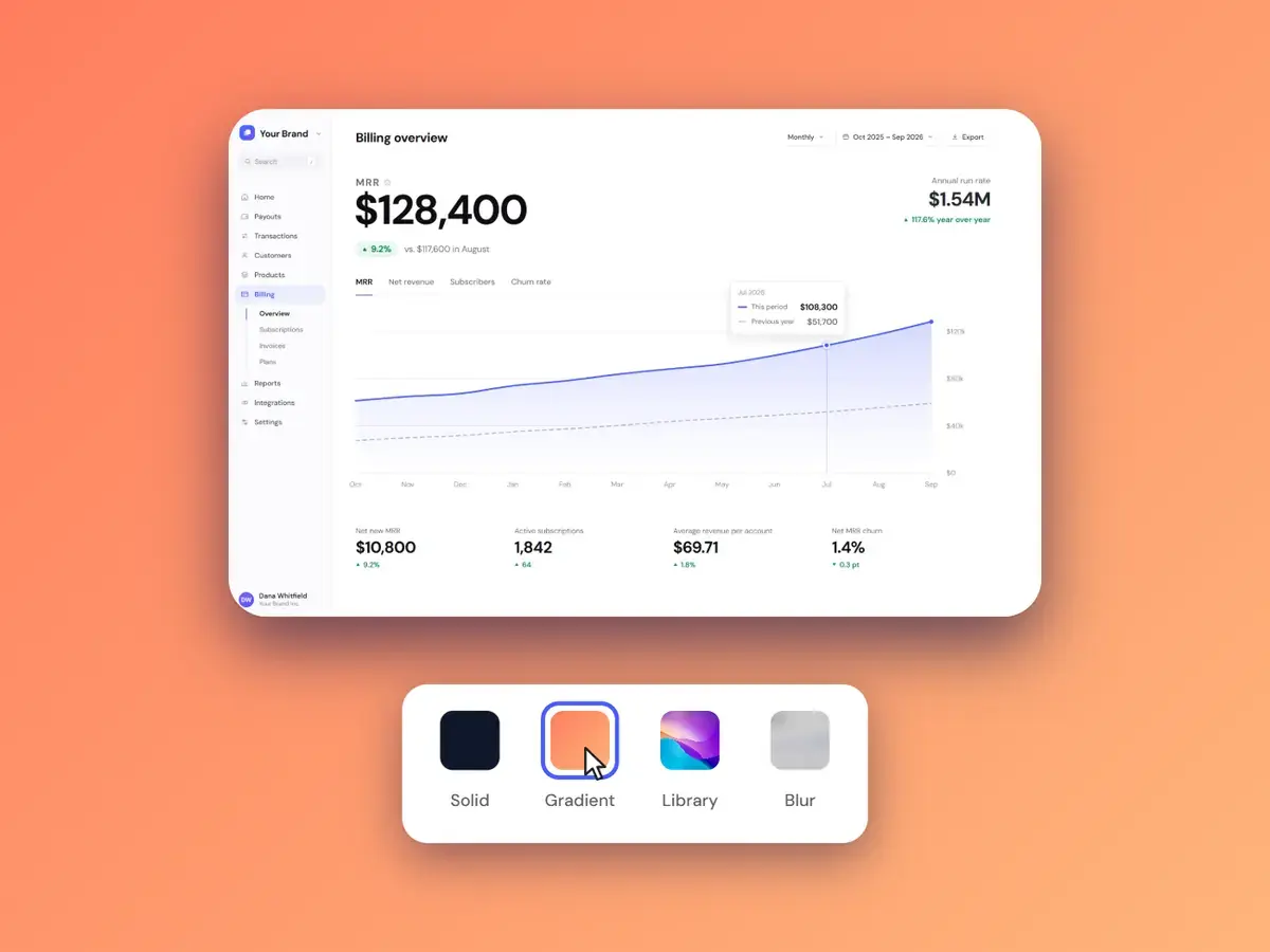 The same screenshot shown on a gradient, a solid color and a blurred background in the screenshot background editor