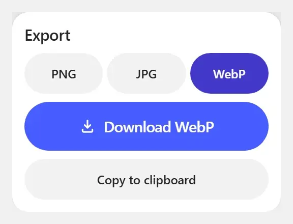 The Export panel with WebP selected and the button reading Download WebP