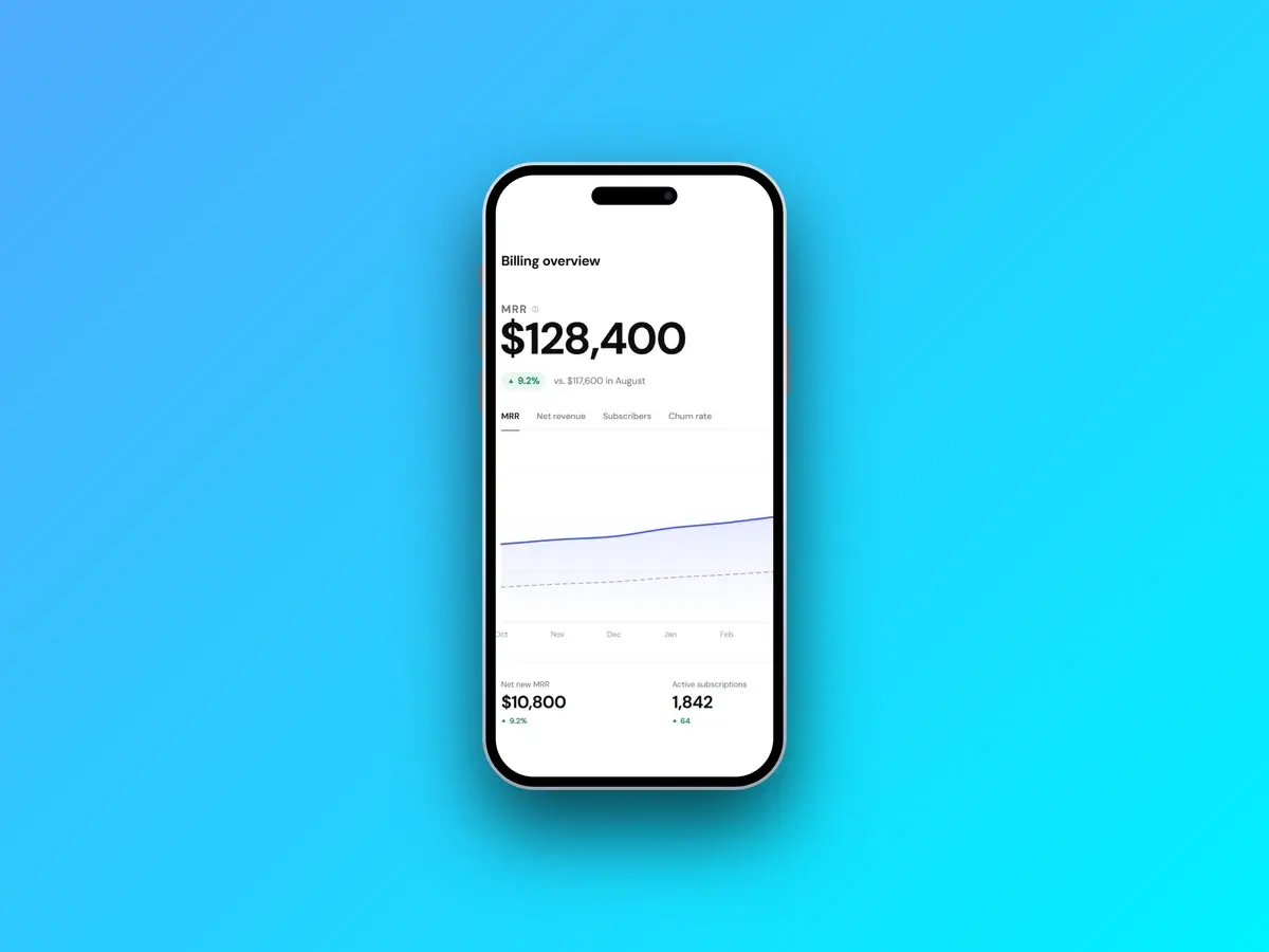 A mobile screenshot inside an iPhone mockup on a bright blue background