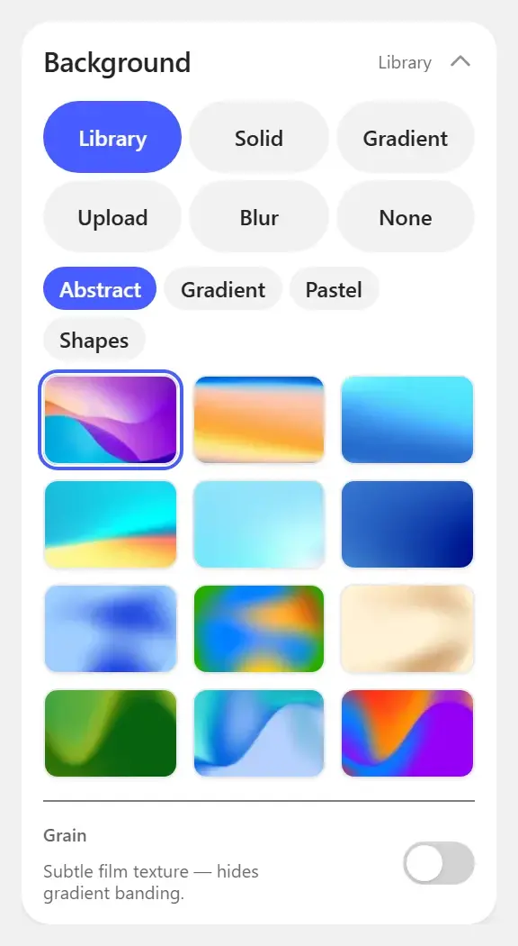 The Background panel on the Library tab, with a grid of abstract backgrounds