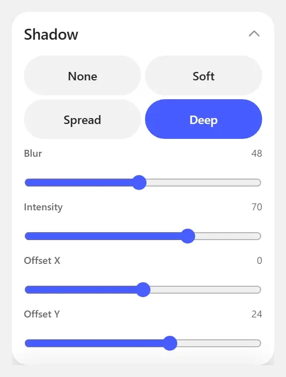 The Shadow panel with the Deep preset selected and its blur, intensity and offset sliders