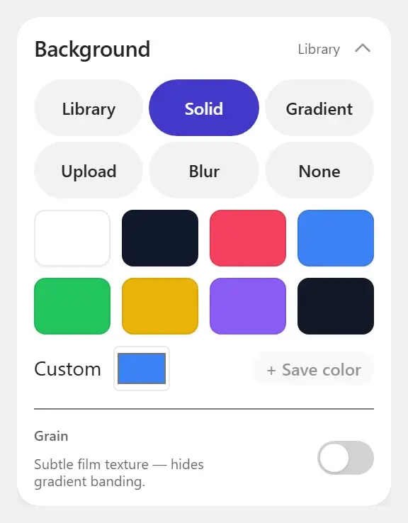 The Background panel on the Solid tab: eight swatches, a custom color and the Grain switch
