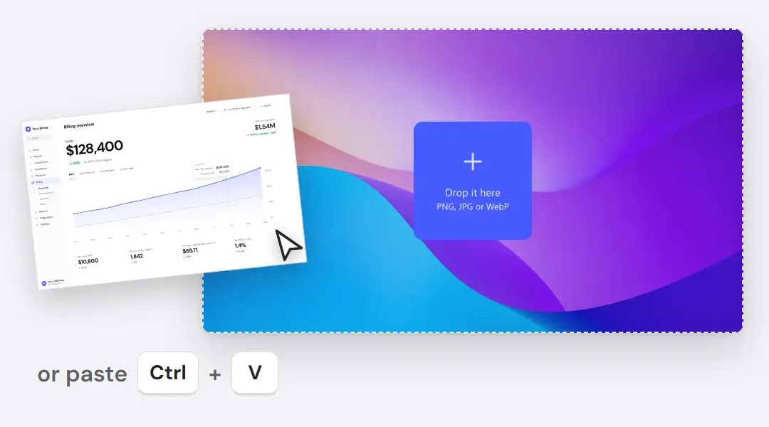 A raw screenshot being dragged onto the empty editor canvas, which lights up to take it