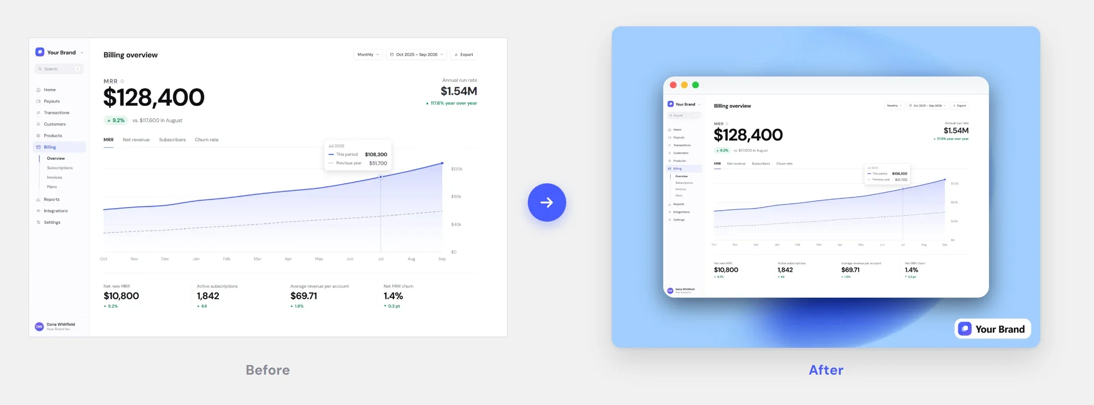Before and after: a raw screenshot next to the same screenshot styled with a brand background, shadow, and logo