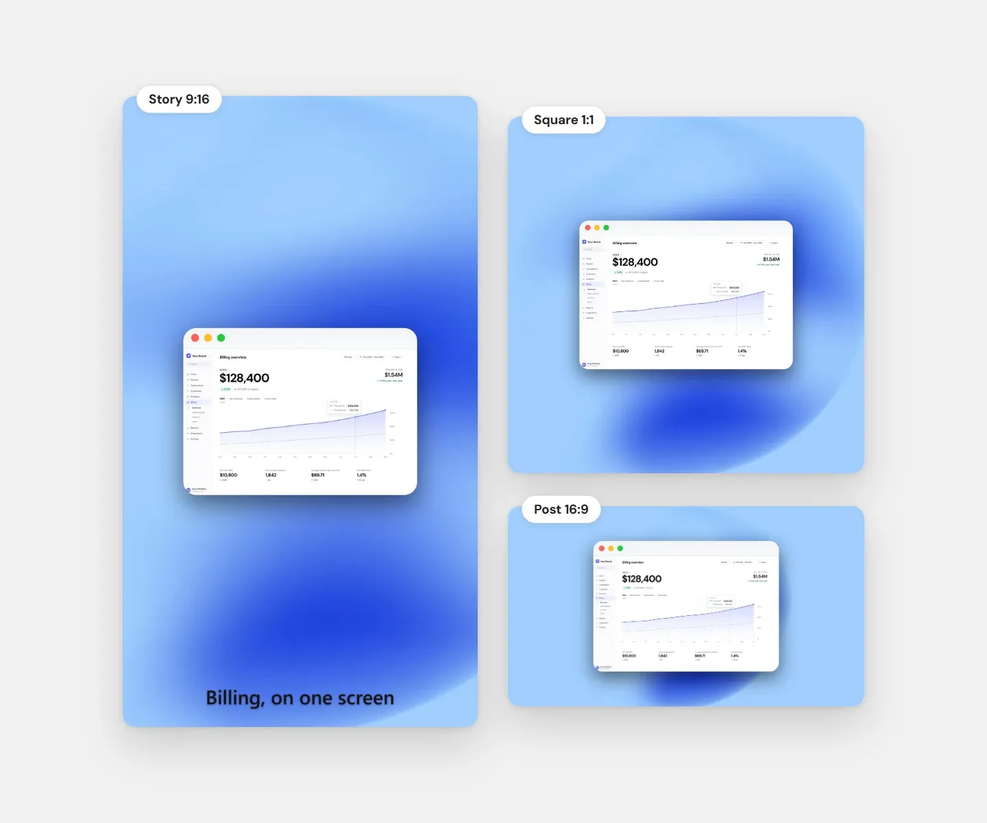 One screenshot exported in three shapes — a 9:16 story, a 1:1 square and a 16:9 post — all in the same style
